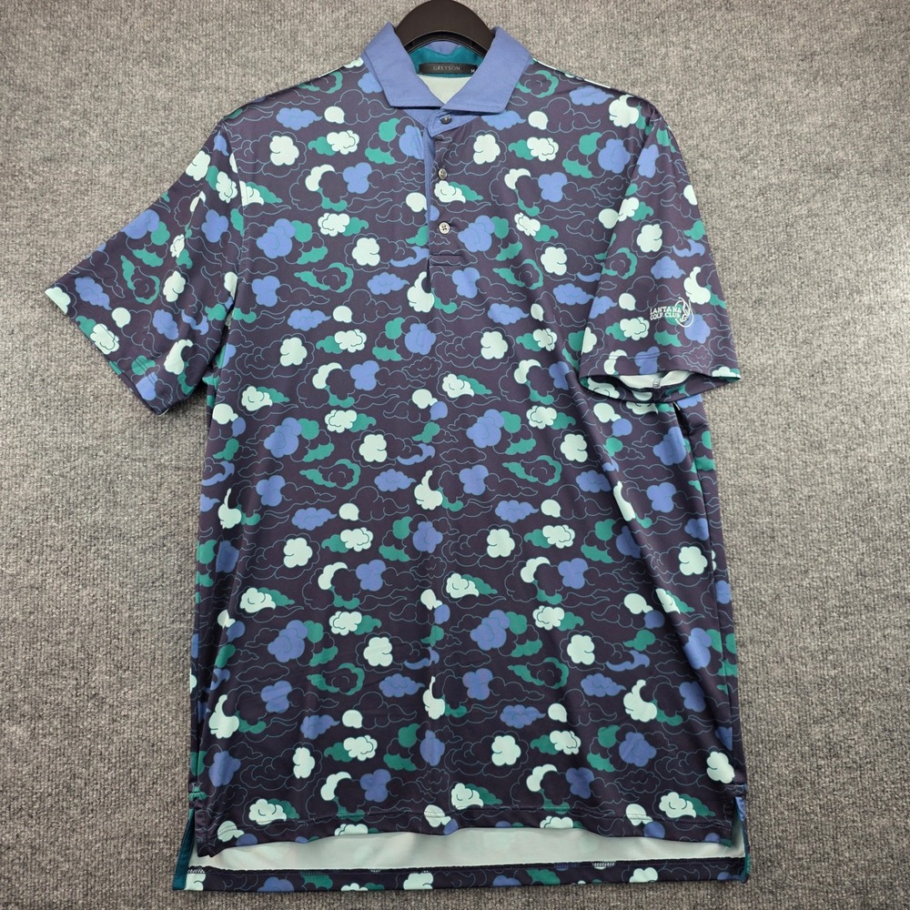 Greyson Mens Cloud Print Golf Polo Shirt Blue Green Lantana Golf Club Size M